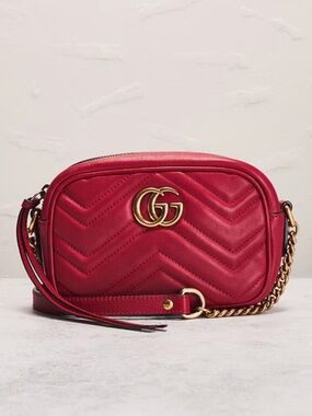 Gucci Red Leather GG Marmont Chevron Crossbody Bag